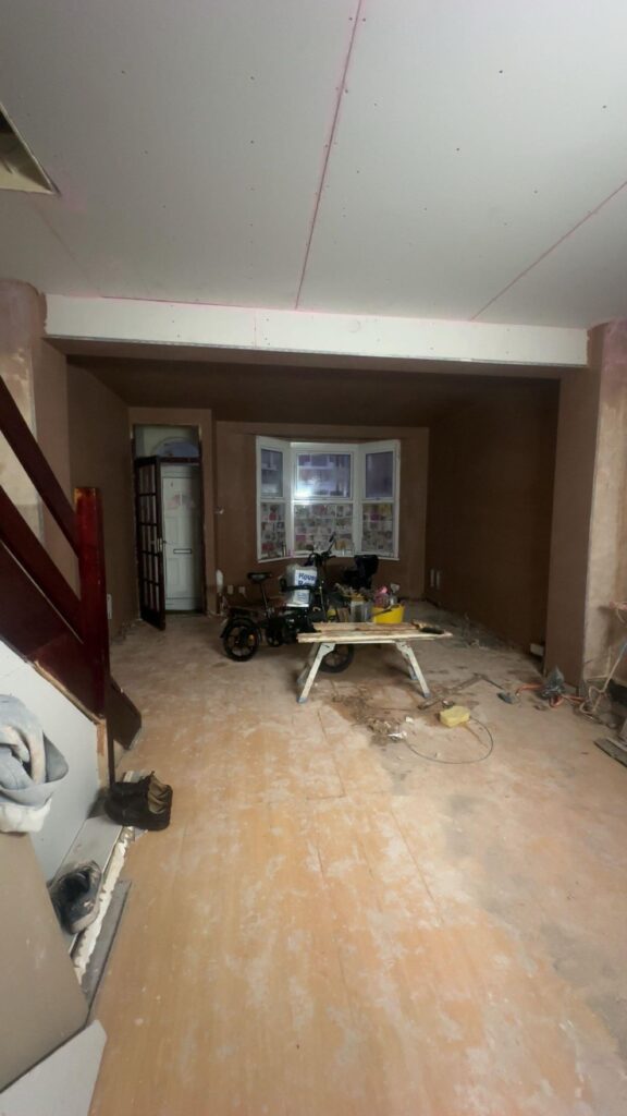 Chimney removal, ceiling removal, new ceiling, plaster, painting and new flooringin in East Ham